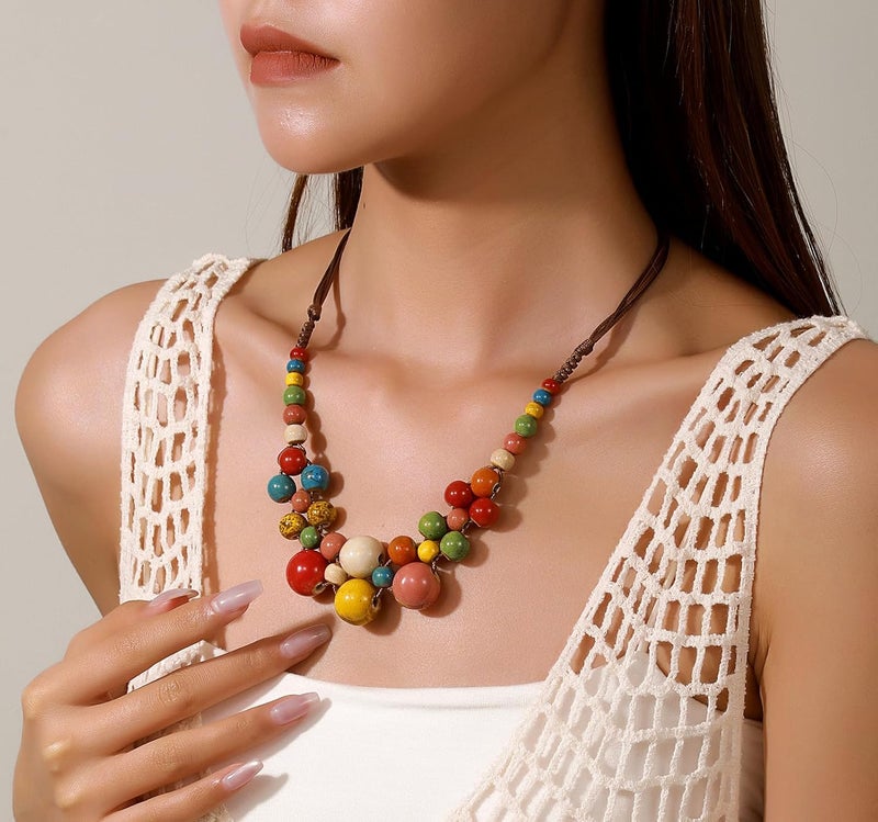 DS Boho Beaded Necklace for Women–Colorful Ceramic & African Tribal Beads, Adjustable Long Chunky Bohemian Jewelry with Gift Box Packaging,Hippie Witchy Vintage Handmade Fashion Statement Necklace - Image 5